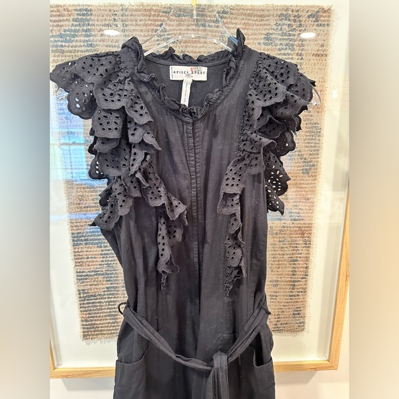 Apiece Apart Black Ruffle Jumpsuit Eyelet Size 0 Belted Pockets Minimalist Boho - Picture 4 of 10